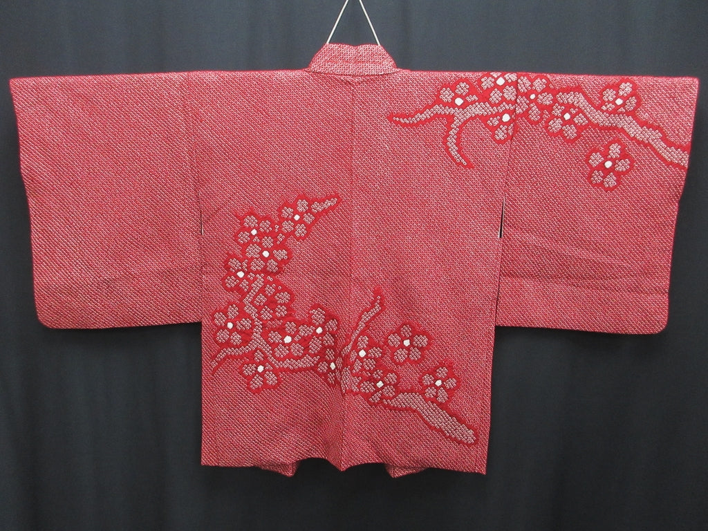 Haori Jacket Vintage(1950-1980) Red Full Shibori Ume Branch Silk #7941M3