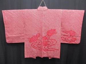 Haori Jacket Vintage(1950-1980) Red Full Shibori Peony Silk #7942M3