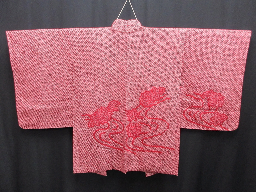 Haori Jacket Vintage(1950-1980) Red Full Shibori Peony Silk #7942M3