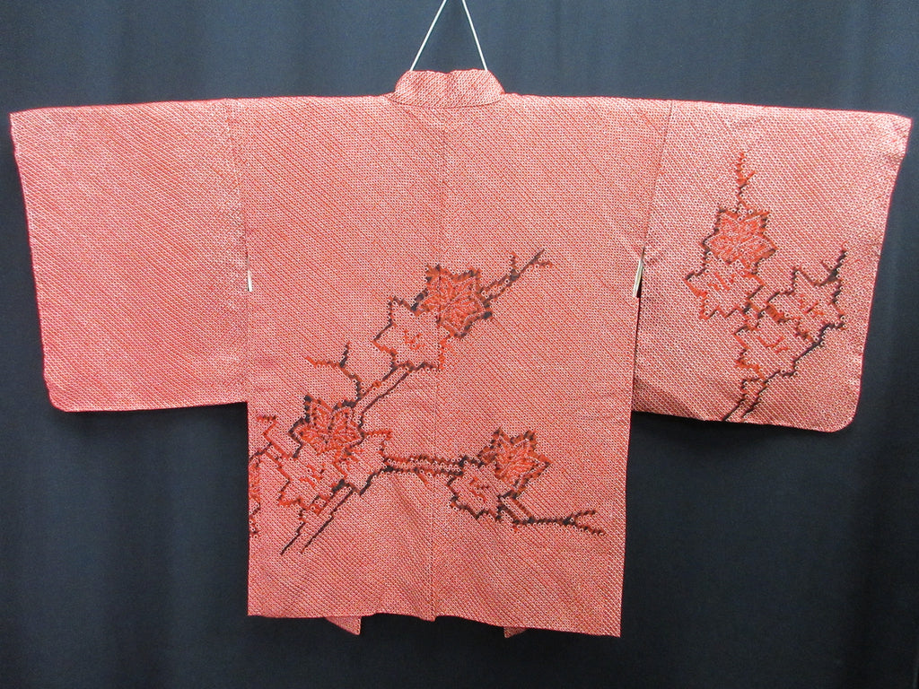 Haori Jacket Vintage(1950-1980) Vermillion Full Shibori Maple Leaf Branch Silk #7895M1