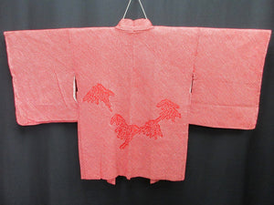 Haori Jacket Vintage(1950-1980) Red Full Shibori Bamboo leaf Silk #7898M1