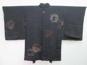 Haori Jacket Vintage(1920-1950) Black Peony Maple Leaf Ukiyoe Silk #7989M5