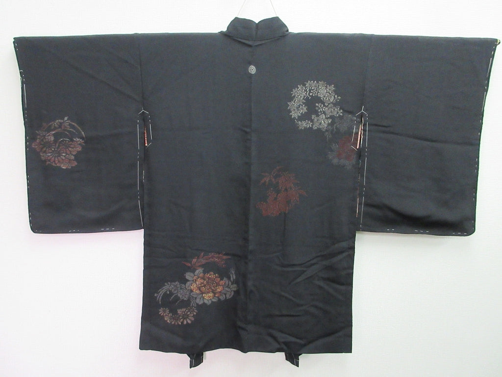 Haori Jacket Vintage(1920-1950) Black Peony Maple Leaf Ukiyoe Silk #7989M5