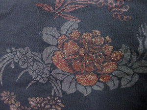 Haori Jacket Vintage(1920-1950) Black Peony Maple Leaf Ukiyoe Silk #7989M5