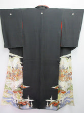 Load image into Gallery viewer, Tomesode Vintage(1920-1950) Black Hand painted Crane Birds Silk #8163B1
