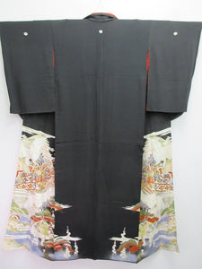 Tomesode Vintage(1920-1950) Black Hand painted Crane Birds Silk #8163B1