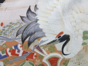 Tomesode Vintage(1920-1950) Black Hand painted Crane Birds Silk #8163B1