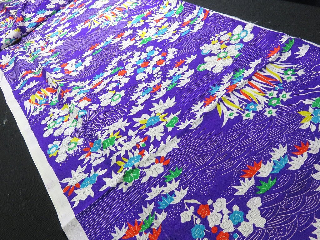 BCF#2436 Silk Kimono Fabric Vintage (1920-1950) Flower Hand Painted  Blueish Purple    140cm (55.1 in)