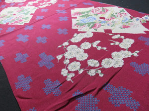 BCF#2437 Silk Kimono Fabric Vintage (1920-1950) Plum Blossom  Hand Painted   Red    140cm (55.1 in)