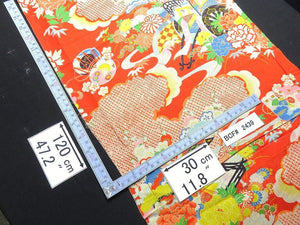 BCF#2439 Silk Kimono Fabric Vintage(Pre-1920) Hand Painted Flower   Red    120cm (47.2in)