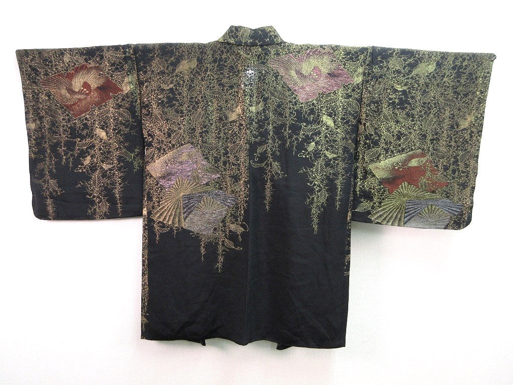 Haori Jacket Vintage(1950-1980)  Black Gold  Glinting Weeping Shidare Flowers   #47
