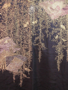 Haori Jacket Vintage(1950-1980)  Black Gold  Glinting Weeping Shidare Flowers   #47
