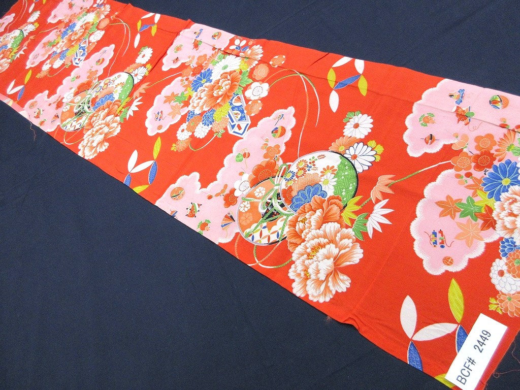 BCF#2449 Silk Kimono Fabric Vintage(1920-1950) Hand Painted Flower    Red    125cm (49.2in)