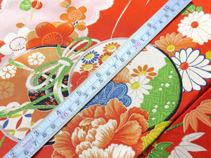 BCF#2449 Silk Kimono Fabric Vintage(1920-1950) Hand Painted Flower    Red    125cm (49.2in)