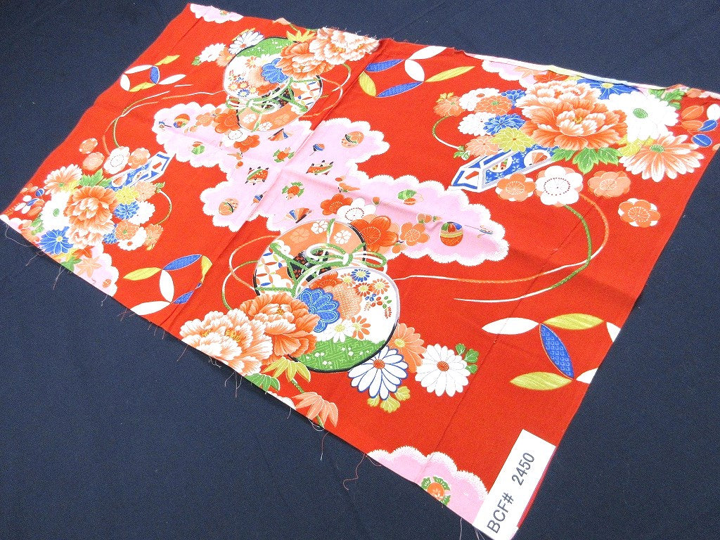 BCF#2450 Silk Kimono Fabric Vintage(1920-1950) Hand-Painted  Flower    Red    65cm (25.6in)